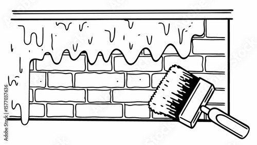 Coloring page of a brick wall being painted with a brush for kids and adults to print and color at home