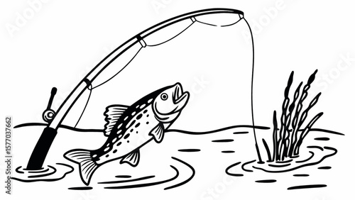 Fishing illustration of a fish caught on a fishing rod in water with reeds vector clip art image