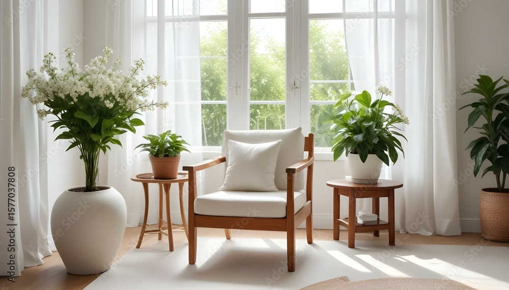 Naklejka premium An inviting living room bathed in natural light, showcasing a cozy armchair and fresh plants.