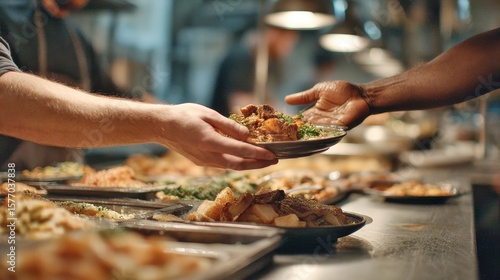 Two hands passing food over a buffet, warm lighting. Ideal to display the restaurant's food or a social service.