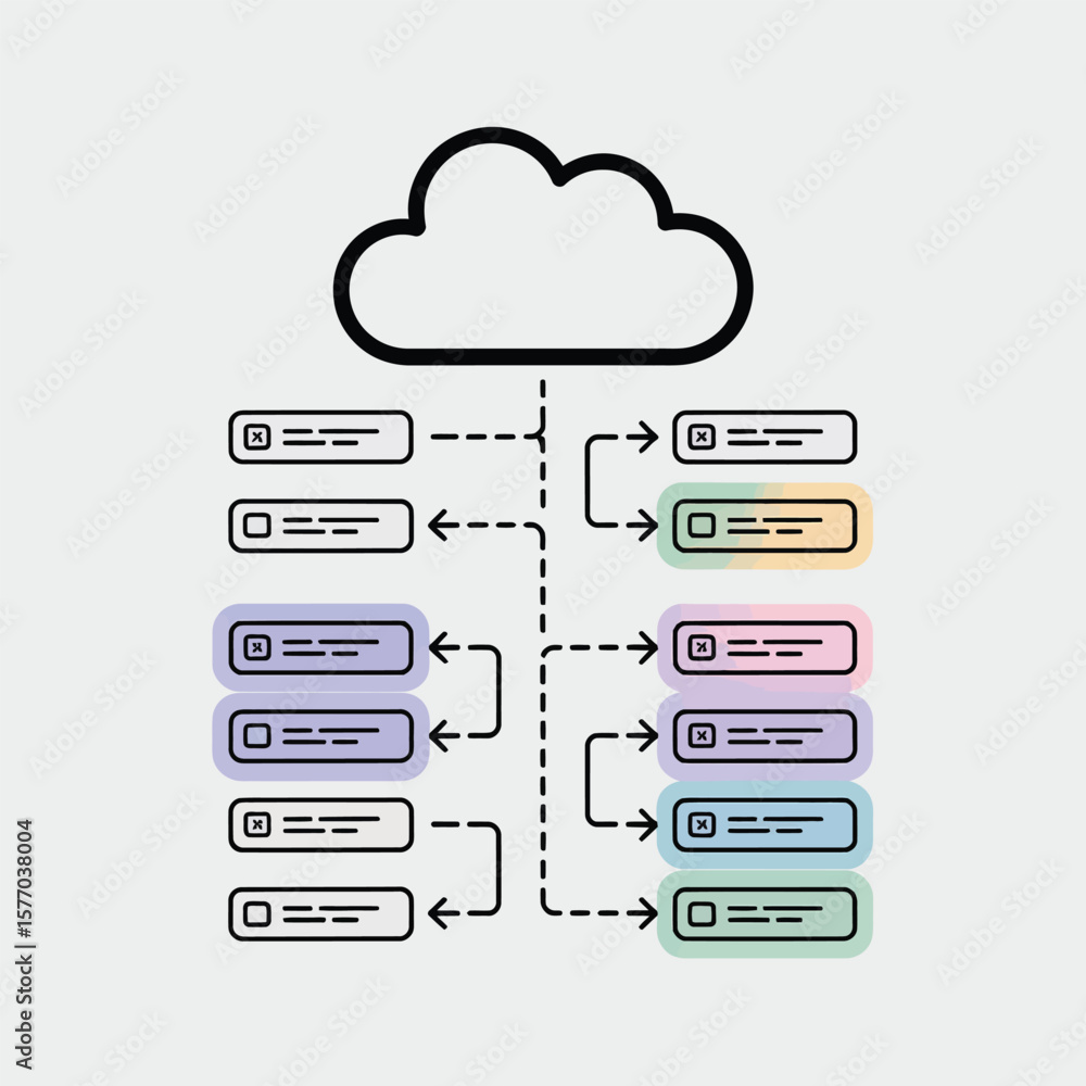 Abstract Data Flow Diagram Pastel Colored Rectangular Blocks Connected by Dashed Lines to Central Cloud Icon Illustrating Cloud Based Audit Trail System Abstract Data Flow Diagram Pastel Colored Rectangular Blocks Connected by Dashed Lines to Central Cloud Icon Illustrating Cloud Based Audit Trail System