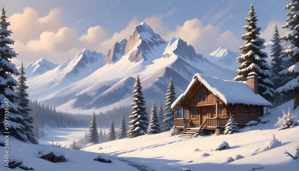 Fototapeta premium A peaceful snow-covered cabin rests below towering, snow-capped mountains and evergreen trees.