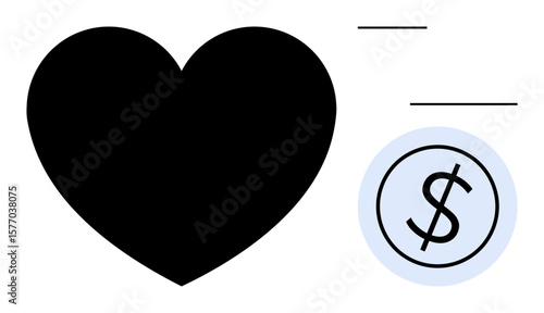 Black heart next to a dollar sign in a circle, with minimal design lines. Ideal for charity, philanthropy, fundraising, finance, emotion, generosity nonprofit. Simple flat metaphor