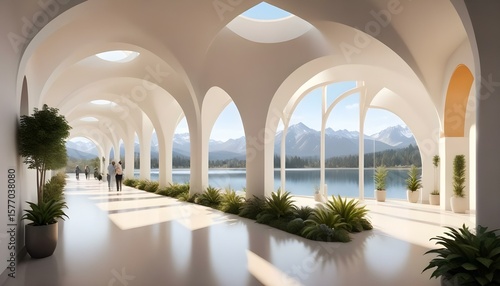 A modern architectural interior with a serene lake view and mountain scenery.