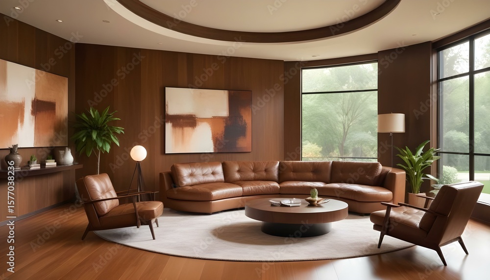 Fototapeta premium Stylish living room featuring a brown leather sofa, minimalist decor and a tranquil outdoor view.