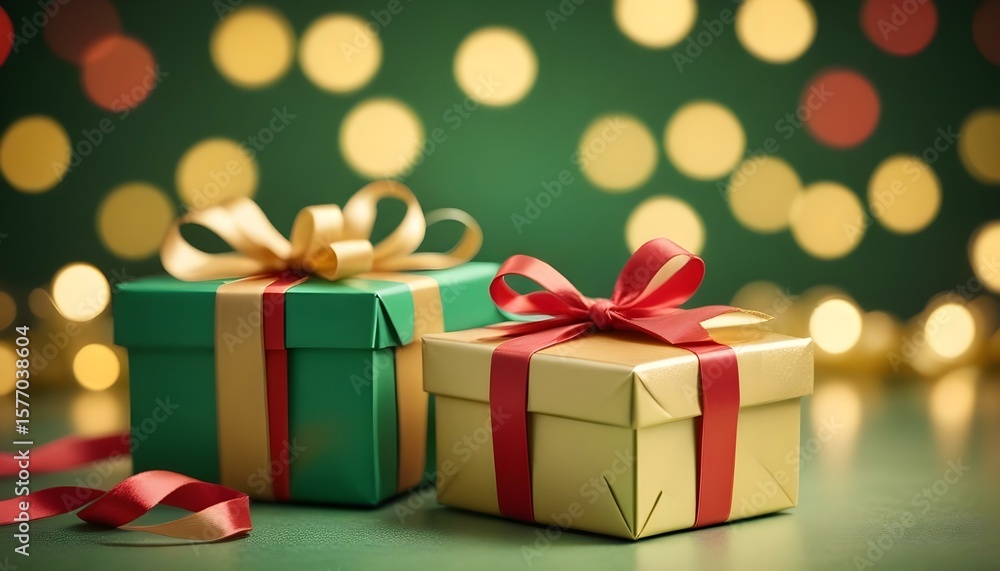 Two gift boxes with red and gold ribbons on a green surface with bokeh lights. Two gift boxes with red and gold ribbons on a green surface with bokeh lights.