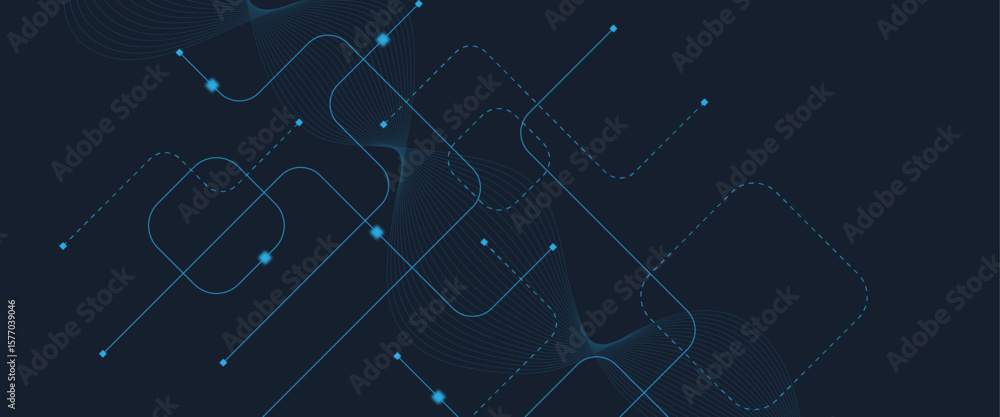 Fototapeta premium Abstract digital AI circuit board background with tech icons. Digital technology motherboard texture design. Engineering circuit board concept for poster, header, banner, website, presentation