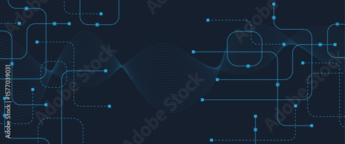 Abstract digital AI circuit board background with tech icons. Digital technology motherboard texture design. Engineering circuit board concept for poster, header, banner, website, presentation