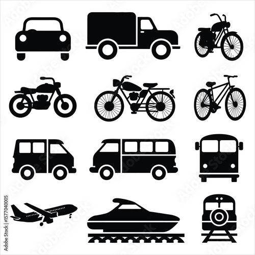 Diverse transportation modes including cars motorcycles bicycles buses trains and aircraft vehicles truck