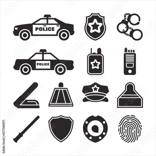 Police equipment icons black and white police car badge