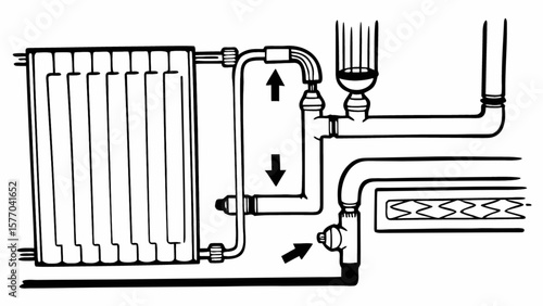 Radiator heating system diagram plumbing installation pipework flow arrows central heating illustration design