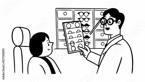 Eye exam and vision test illustration at optometrist for glasses and lens selection for eye care health