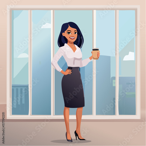 Morning Coffee: A confident businesswoman with a smile and a hot beverage in hand, stands poised in front of a backdrop of city high-rises. Capturing productivity and success.