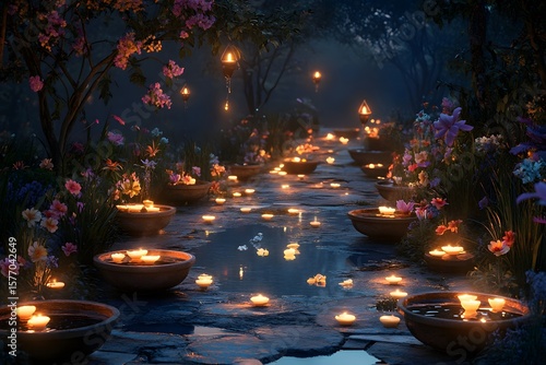 A night-time ritual involving candle-lit paths and flowers floating in water bowls, warm soft glow throughout 
