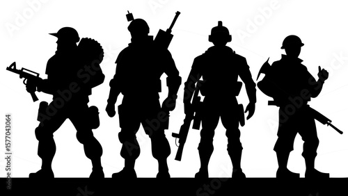 vector of people Four black silhouette soldiers with gear.