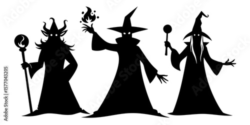 Three black silhouette wizards conjure magic spells against a white backdrop.