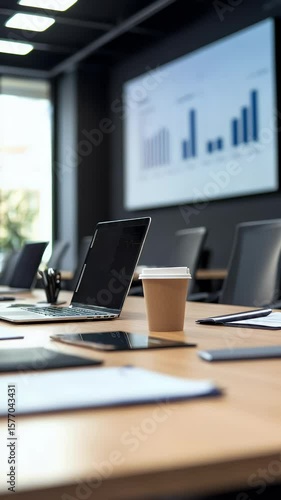Wallpaper Mural Conference room with a laptop, coffee, documents, and graph shown on a large screen Torontodigital.ca