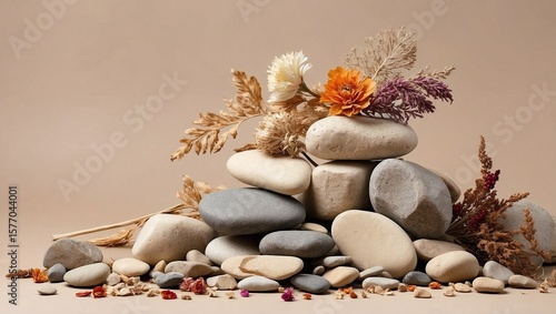 Balanced Stones Rest Beside Dried Blooms
