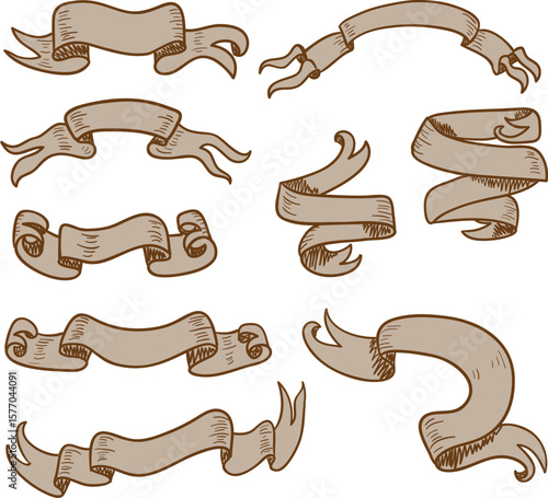A vintage vector set of old, rusty metal banners, tags, and curled parchment illustrations, perfect for your design collection