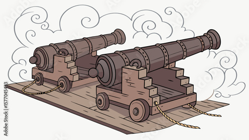 Two cartoon cannons for naval battle antique artillery illustration and pirate ship weapon drawing for kids design