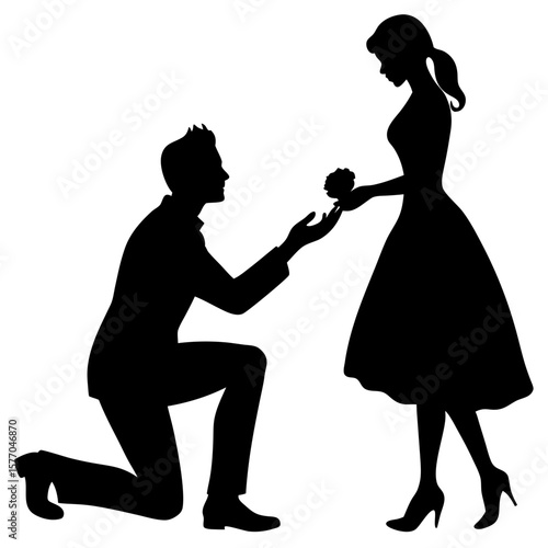 Man proposing to woman holding flower silhouette vector illustration