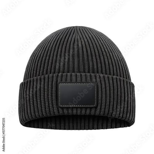 Black ribbed knit beanie with blank leather patch isolated on transparent background
