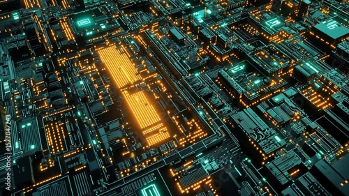 Futuristic circuit board animation displaying data flow and interconnected system concept
