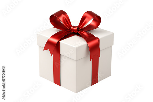 White gift box with shiny red ribbon bow isolated on transparent background