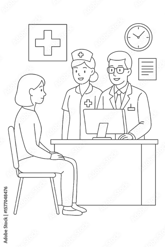 Doctor Sharing Good News with Patient – Line Drawing Doctor Sharing Good News with Patient – Line Drawing