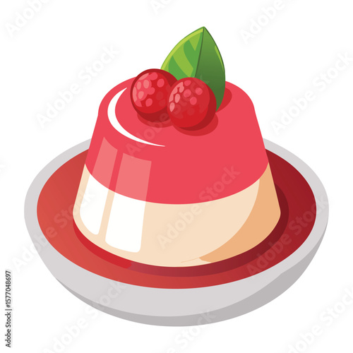 Delicious berry panna cotta dessert with fresh mint leaf on a plate