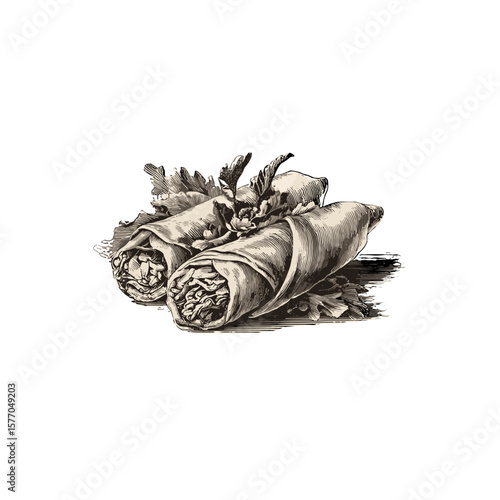Vintage illustration of spring rolls, showcasing traditional Asian cuisine, ideal for culinary marketing and cultural events