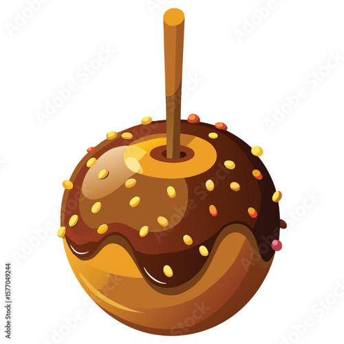 Delicious chocolate covered caramel apple with colorful sprinkles on a stick