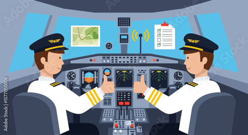 Two pilots in a cockpit giving thumbs up, ready for flight.