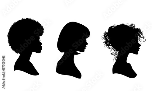 Vector illustration of three diverse female silhouettes in profile with different hairstyles – afro, straight bob and curly updo