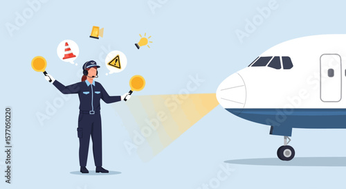 A ground crew member directing an airplane with signals and warning icons.