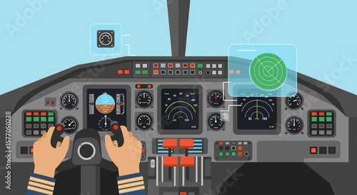Illustration of a cockpit interior with pilot's hands on controls, showing instruments.