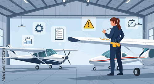 A female technician inspects two light aircraft in a hangar, reviewing maintenance checklists.