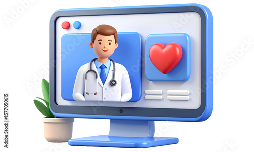 3D illustration doctor stethoscope computer screen heart icon telemedicine online consultation healthcare digital modern friendly