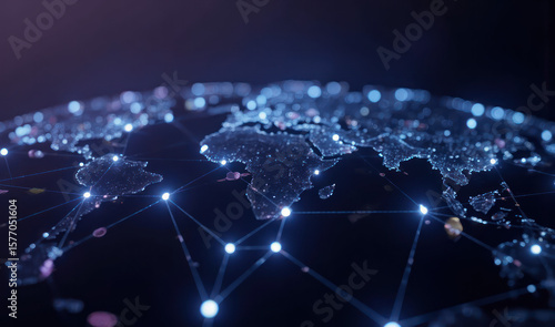 A close up of a world map with dots and lines.