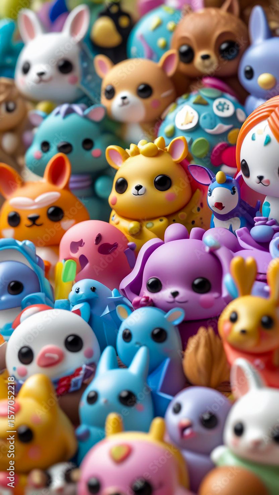Naklejka premium Vibrant Collection of Adorable Kawaii Animal Figurines with Big Eyes and Rosy Cheeks