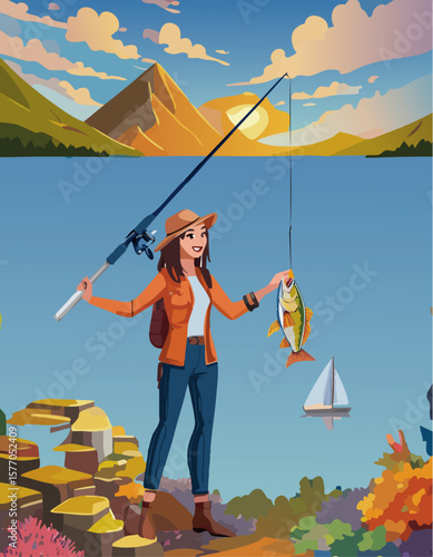 魚を釣る女性