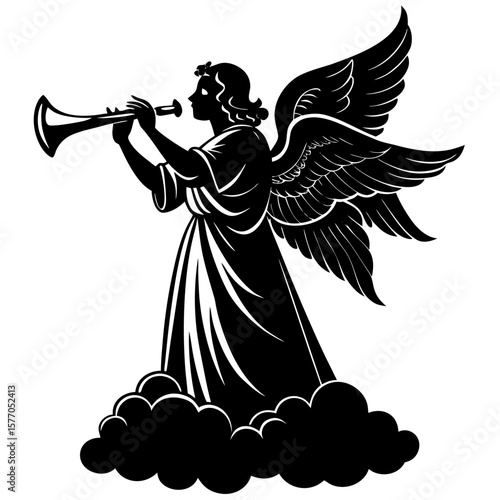 Angel blowing trumpet on clouds silhouette wings