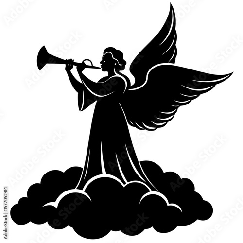 Angel blowing trumpet on clouds silhouette