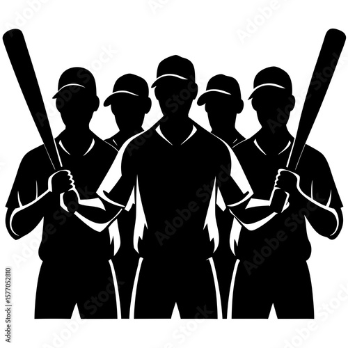 Baseball team players holding bats silhouette