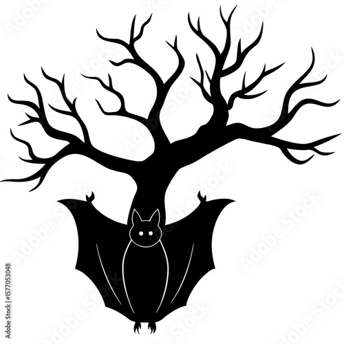 Black bat hanging from bare tree branches upside down