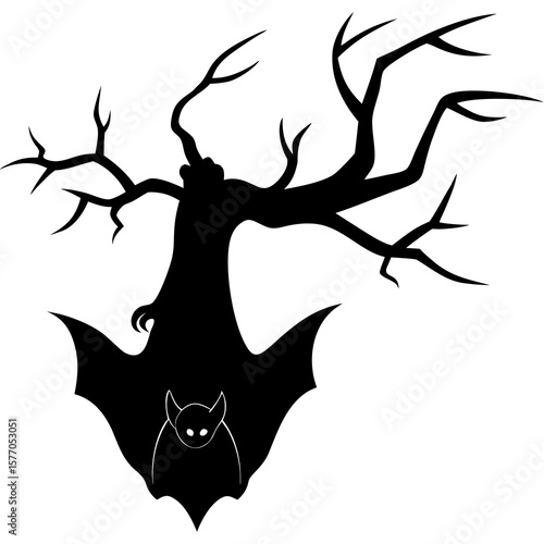 Black bat hanging from bare tree branches upside down