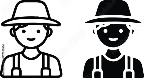 Farmer Icon Vector, Agriculture Worker Outline and Solid Hat Symbol
