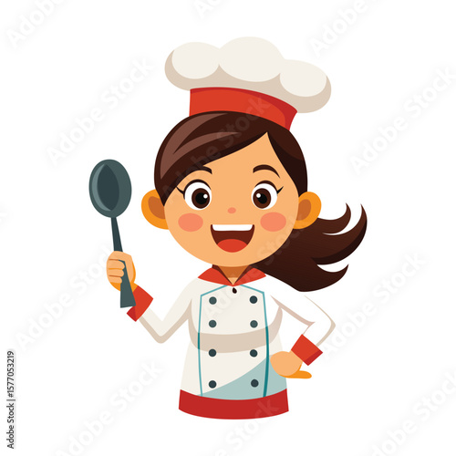 Happy cartoon chef woman holding a spoon ready to cook delicious food