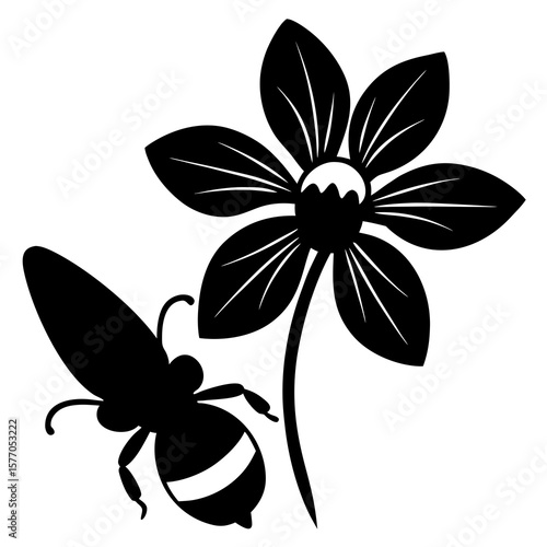 Black bee hovering near a flower insect bloom