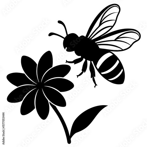 Black silhouette bee hovering near flower insect bloom